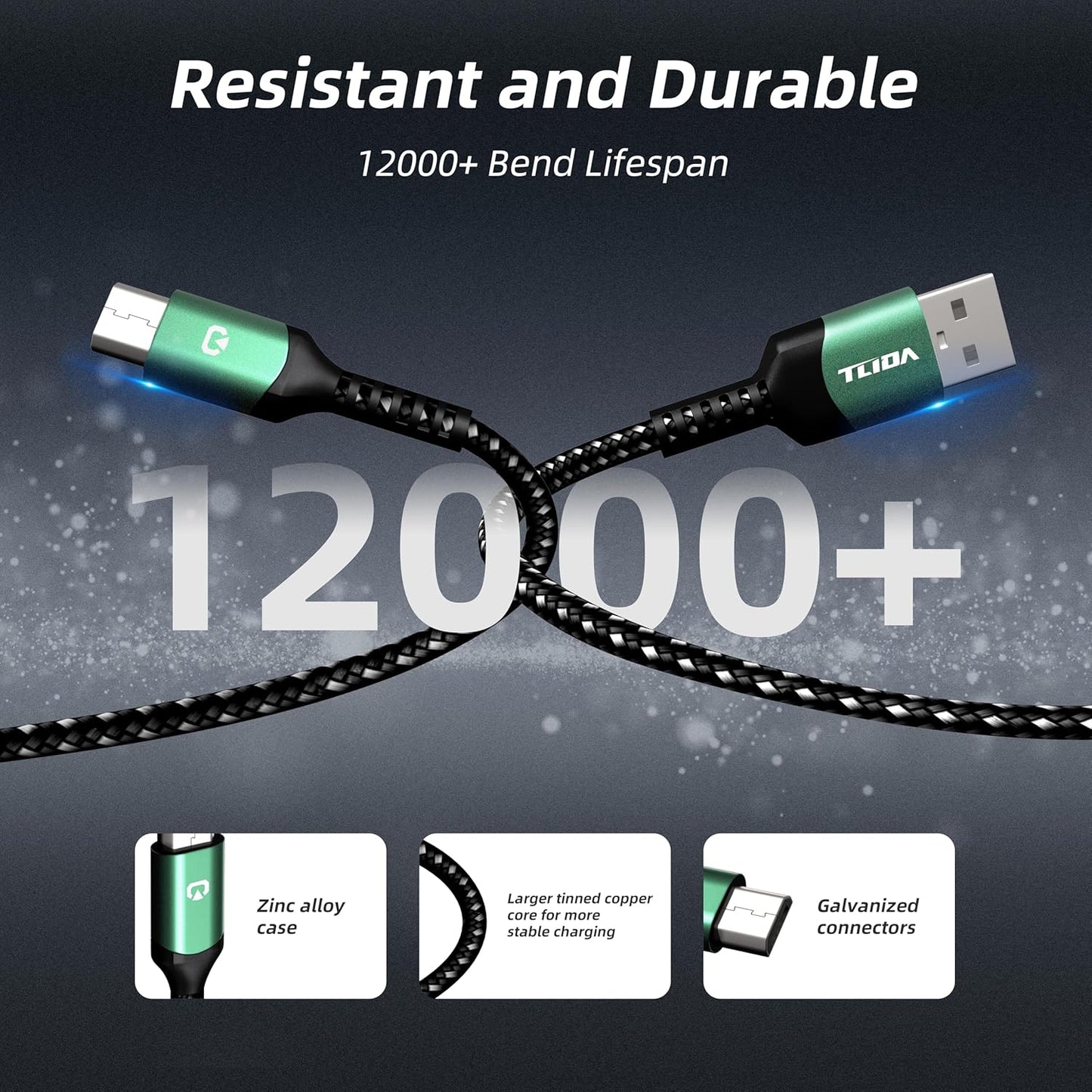 Micro USB Cable 3.3Ft Fast Charging USB 2.0 3.1A & 480Mbps Data Sync Nylon Braided for Samsung Galaxy A15/A25/A35/A54 Moto G Android Tablets Playstation 4 Controller Kindle Fire Green