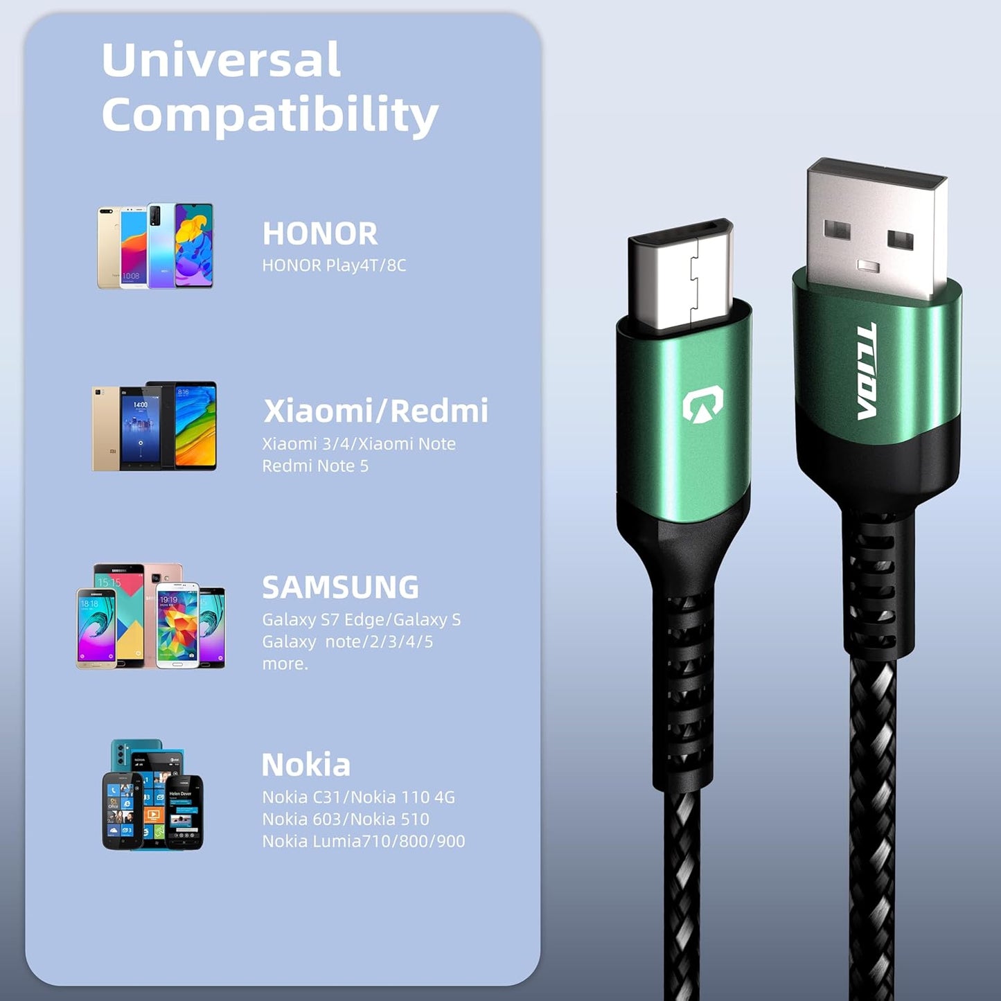 Micro USB Cable 3.3Ft Fast Charging USB 2.0 3.1A & 480Mbps Data Sync Nylon Braided for Samsung Galaxy A15/A25/A35/A54 Moto G Android Tablets Playstation 4 Controller Kindle Fire Green