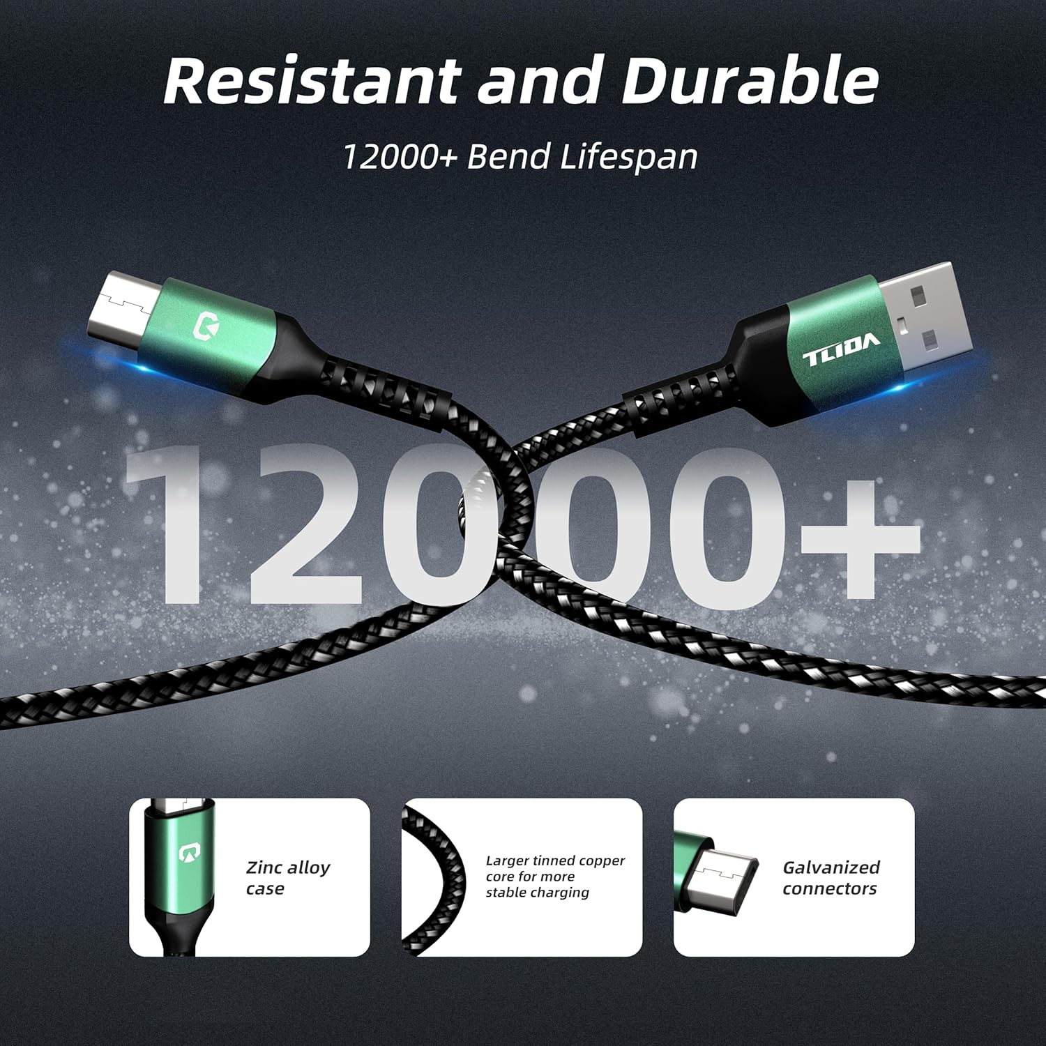 Micro USB Cable 3.3Ft Fast Charging USB 2.0 3.1A & 480Mbps Data Sync Nylon Braided for Samsung Galaxy A15/A25/A35/A54 Moto G Android Tablets Playstation 4 Controller Kindle Fire Green
