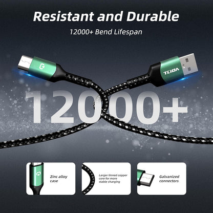 Micro USB Cable 3.3Ft Fast Charging USB 2.0 3.1A & 480Mbps Data Sync Nylon Braided for Samsung Galaxy A15/A25/A35/A54 Moto G Android Tablets Playstation 4 Controller Kindle Fire Green